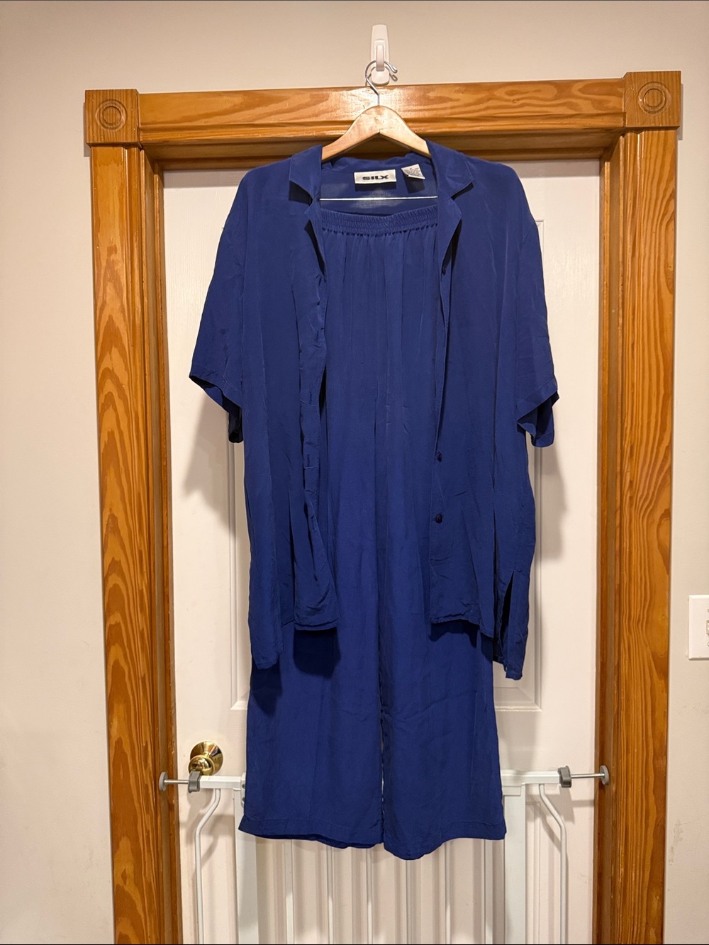 Silx by August Silk Royal Blue Wide-Leg Pants Matching Button Down Blouse Size M